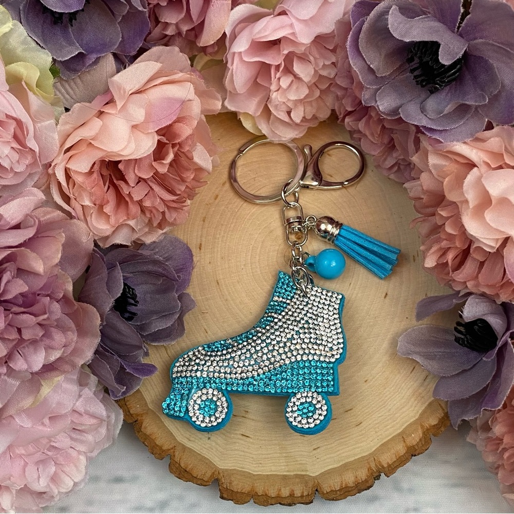 Blue Rhinestone Roller Skate and Tassel Keychain